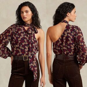Polo Ralph Lauren Georgette Tie-Neck One-Shoulder Blouse 4 Chiffon Chic Floral